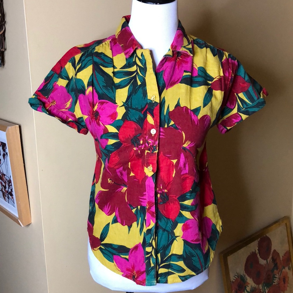 SP FOR CYNTHIA sz Small P Vibrant Floral Hawaiian Print Linen Breathable $89 NEW